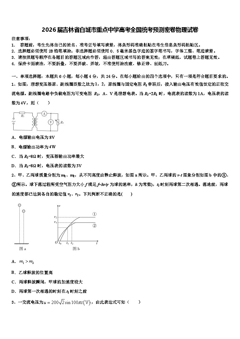 2026届吉林省白城市重点中学高考全国统考预测密卷物理试卷含解析第1页