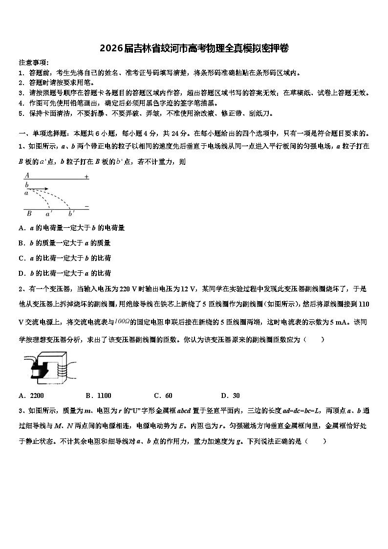2026届吉林省蛟河市高考物理全真模拟密押卷含解析第1页