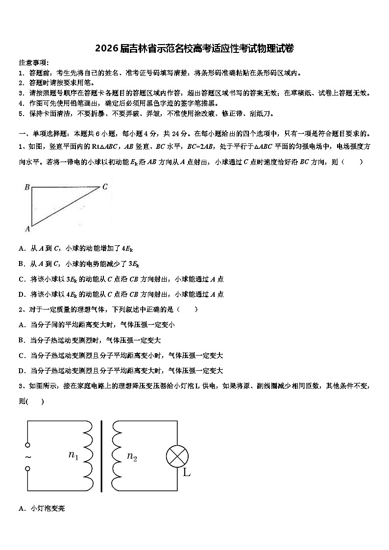 2026届吉林省示范名校高考适应性考试物理试卷含解析第1页