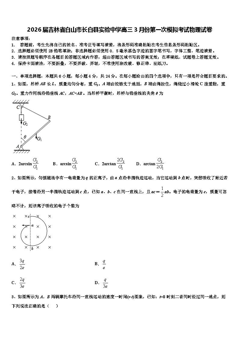 2026届吉林省白山市长白县实验中学高三3月份第一次模拟考试物理试卷含解析第1页