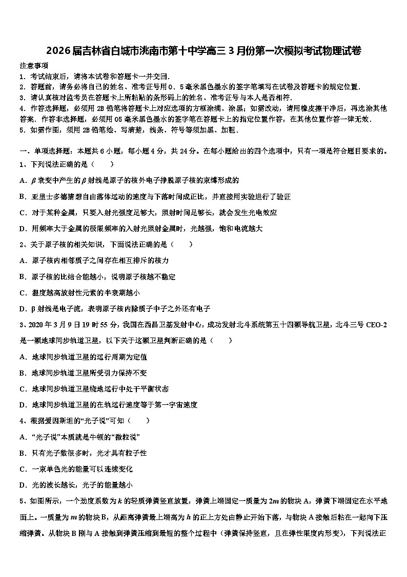 2026届吉林省白城市洮南市第十中学高三3月份第一次模拟考试物理试卷含解析第1页
