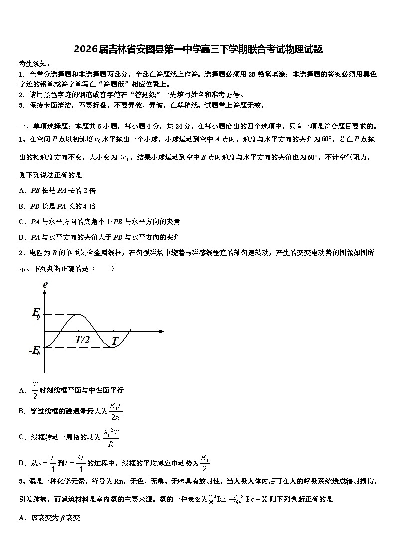 2026届吉林省安图县第一中学高三下学期联合考试物理试题含解析第1页
