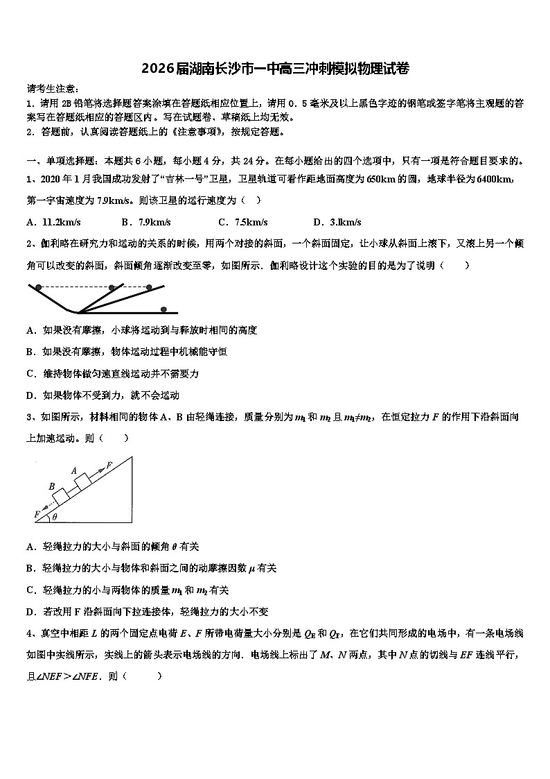 2026届湖南长沙市一中高三冲刺模拟物理试卷含解析第1页