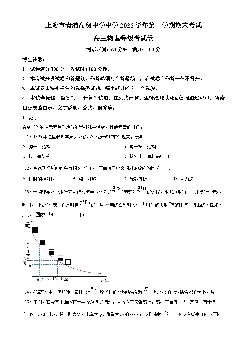 上海市青浦高级中学2025-2026学年高三上学期期末物理试题（原卷版+解析版）第1页
