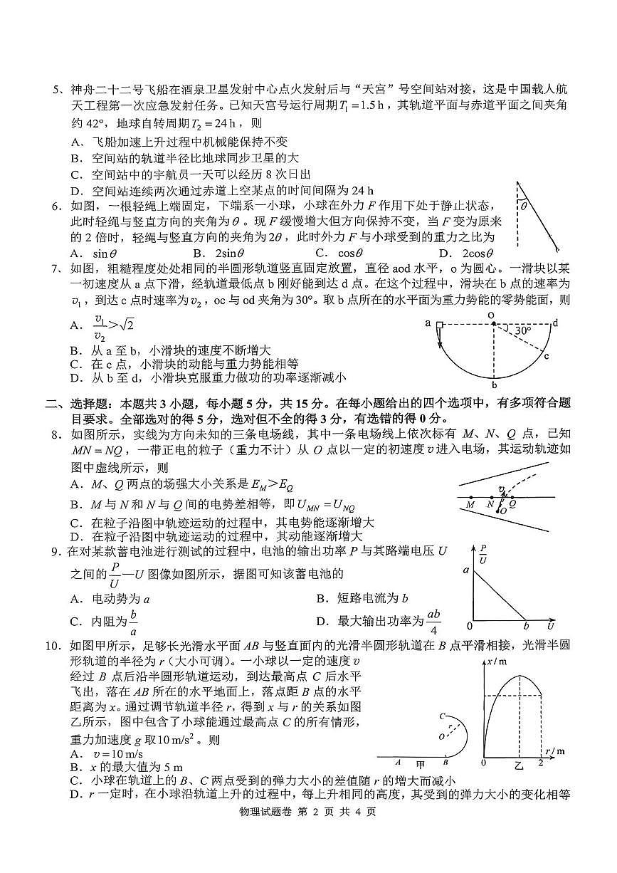 2026届湖南株洲一模物理试题第2页
