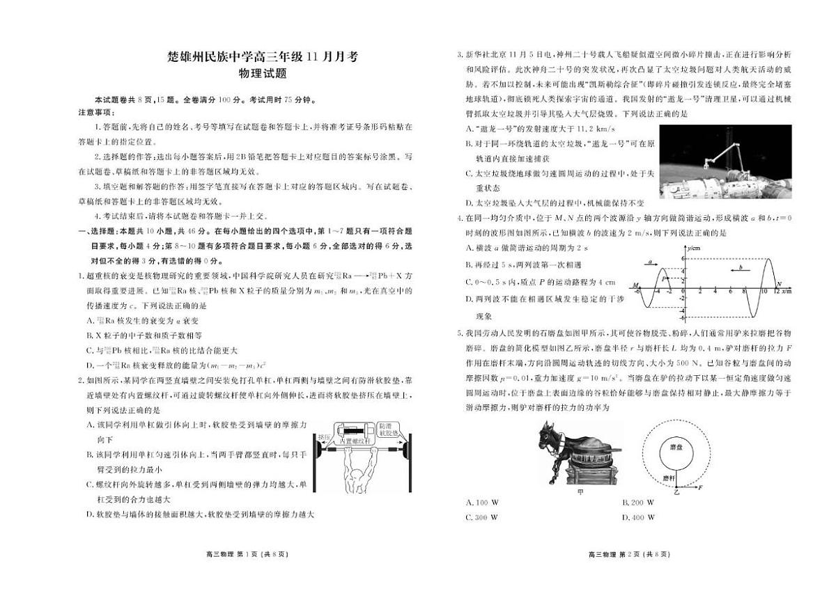云南省楚雄彝族自治州民族中学2026届高三上学期11月月考物理试卷（含答案）第1页