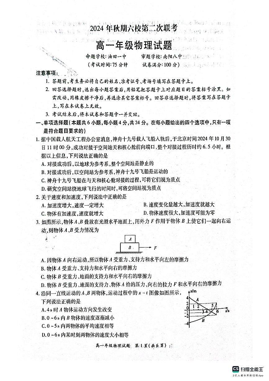 河南省南阳市六校2024-2025学年高一上学期12月月考物理试题（无答案）第1页