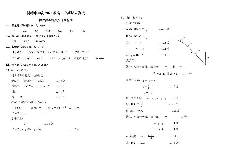 高一物理答案第1页