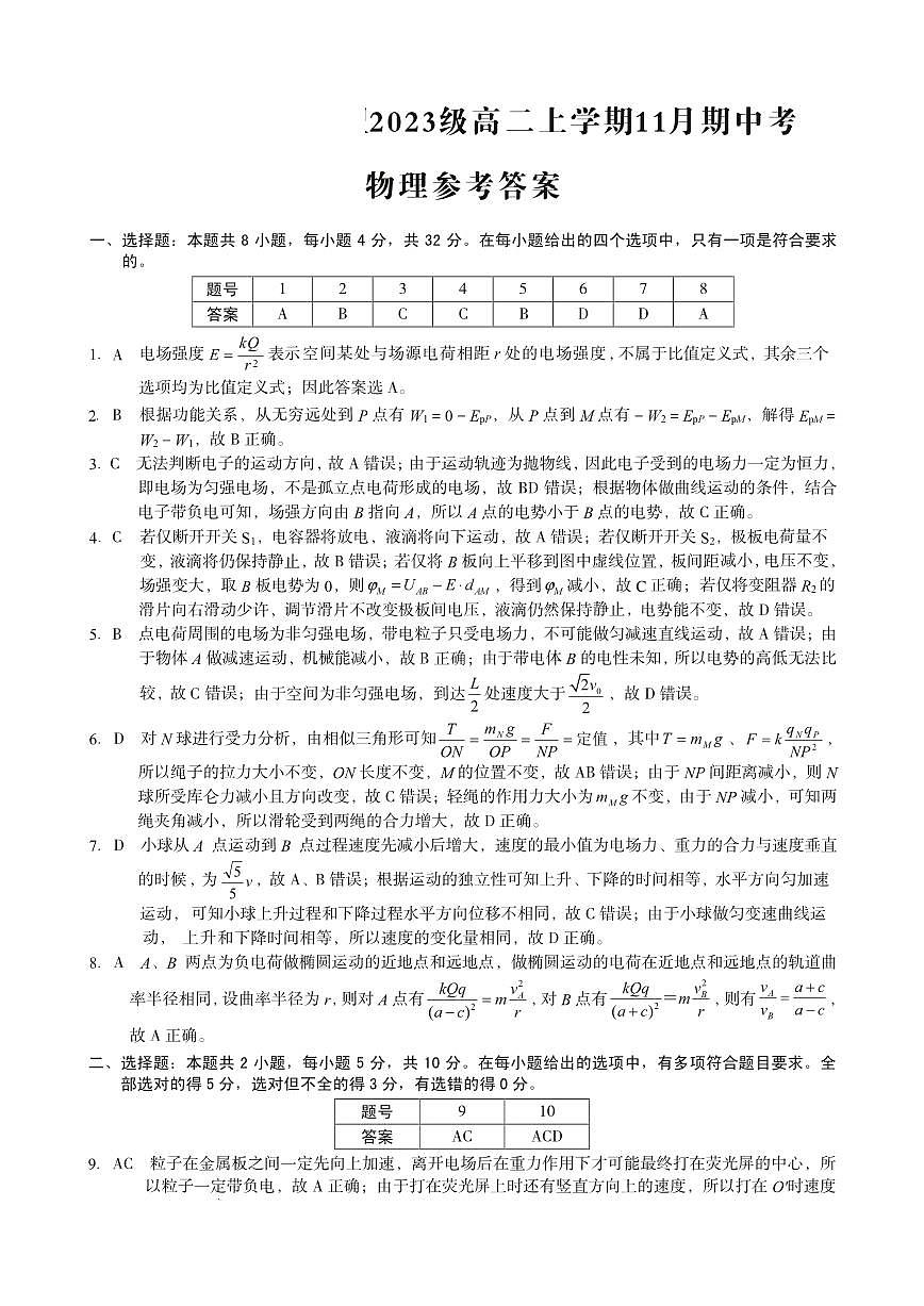 2023级高二上学期11月期中考物理答案第1页