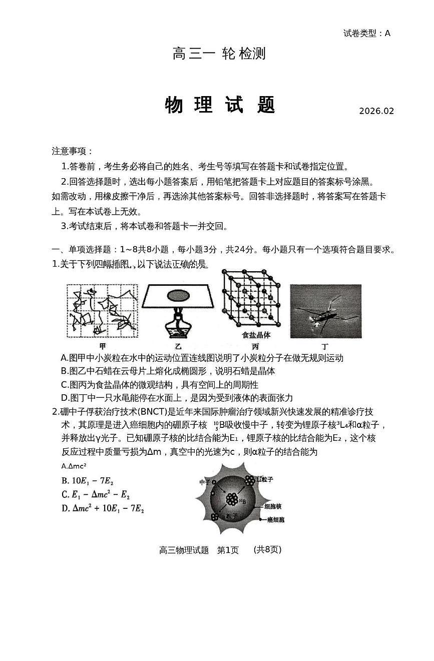 2026届山东省泰安市高三一模上学期一轮检测 物理试题+答案第1页