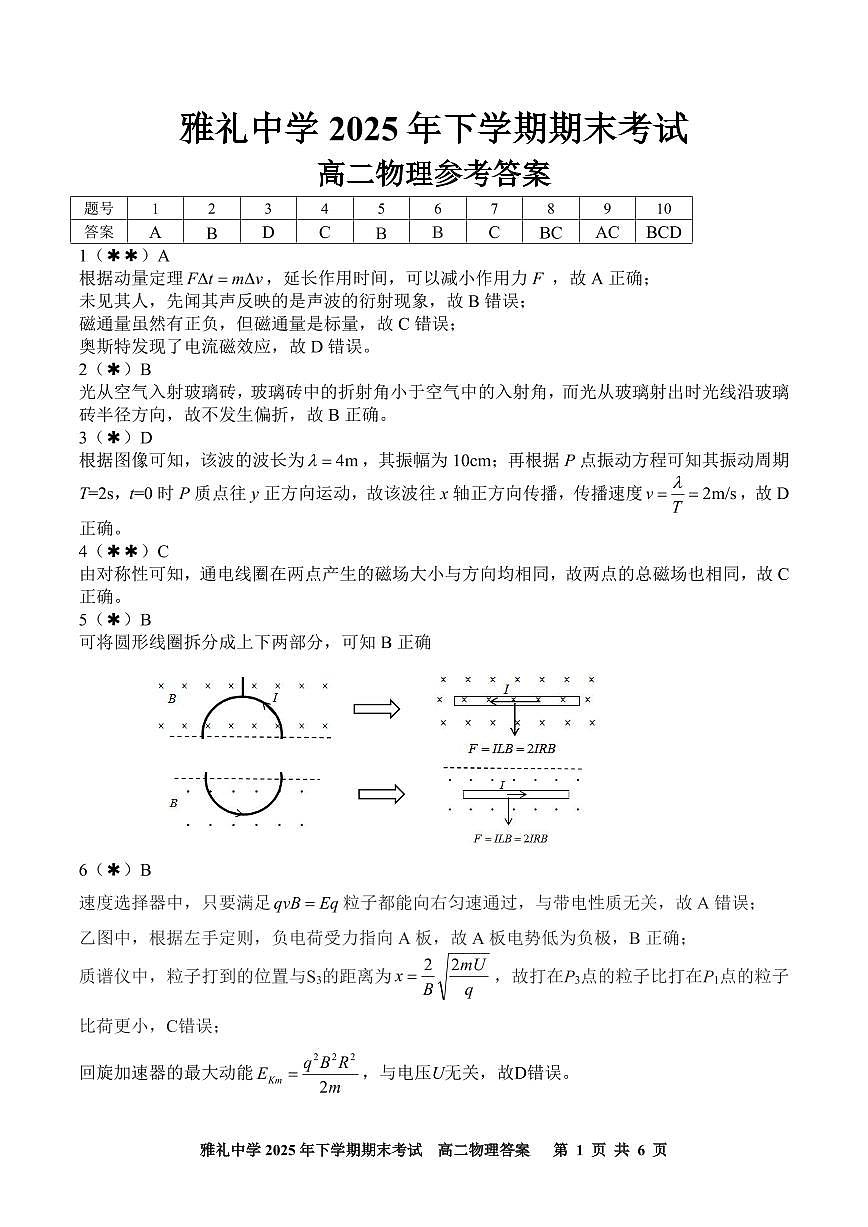 雅礼中学2025年下学期期末考试答案高二物理（终版)第1页
