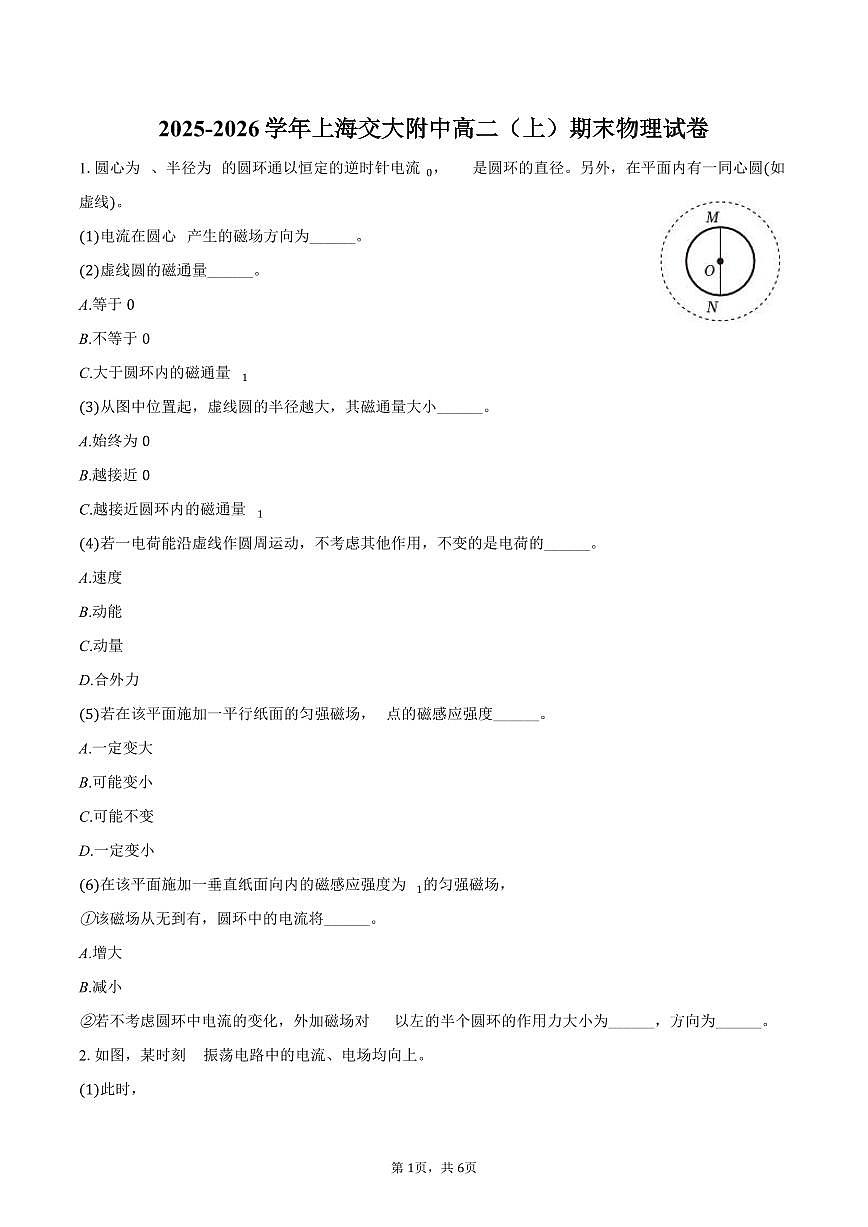 2025-2026学年上海交大附中高二（上）期末物理试卷（含答案）第1页