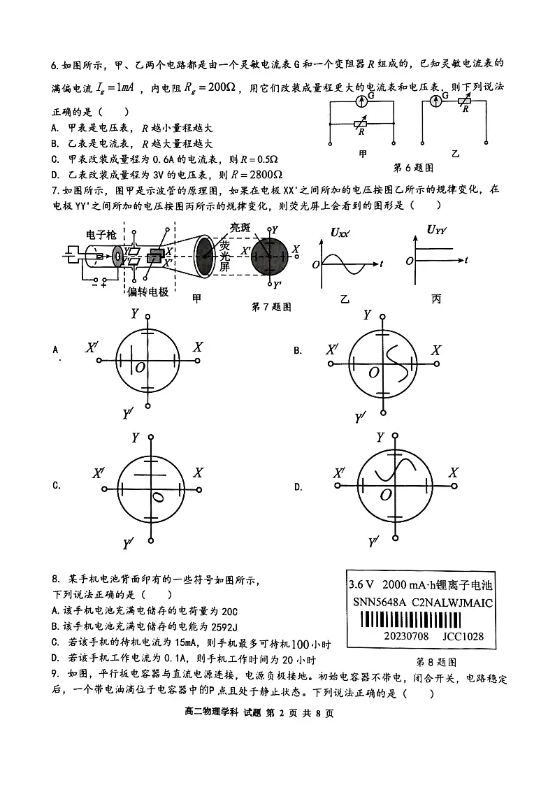 2024学年第一学期浙江省精诚联盟10月联考高二物理试题第2页