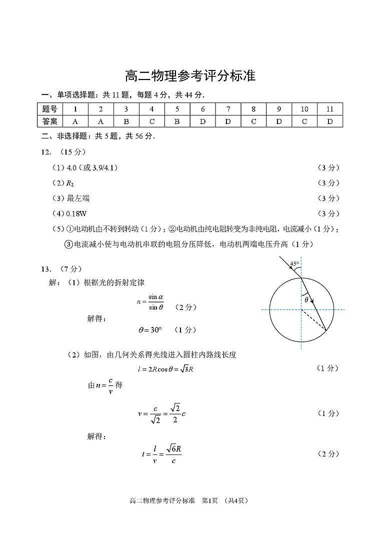 江苏苏州市2025-2026学年高二上学期期末考试物理答案第1页