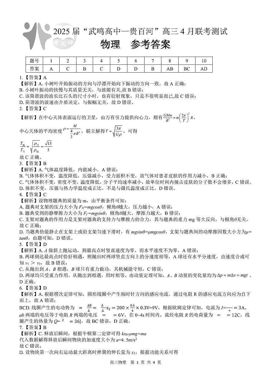 广西壮族自治区“武鸣高中-贵百河”2025届高三下学期4月联考物理答案第1页
