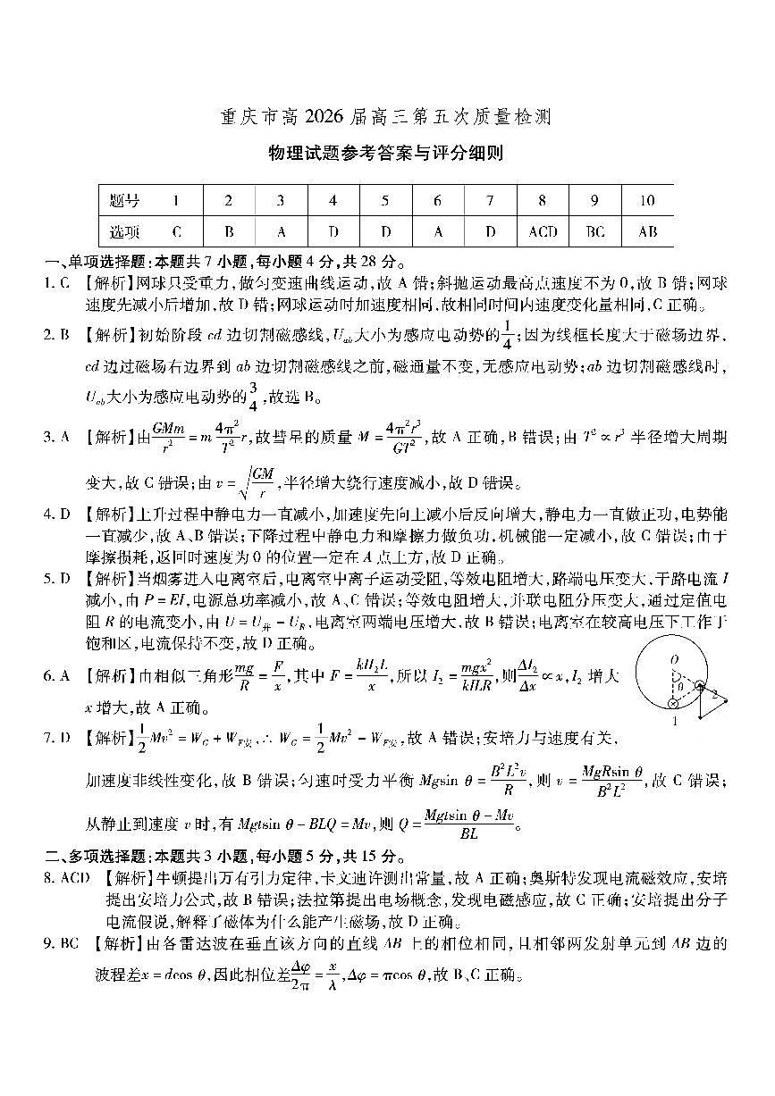 物理南开中学2026届高三第五次质量检测答案第1页