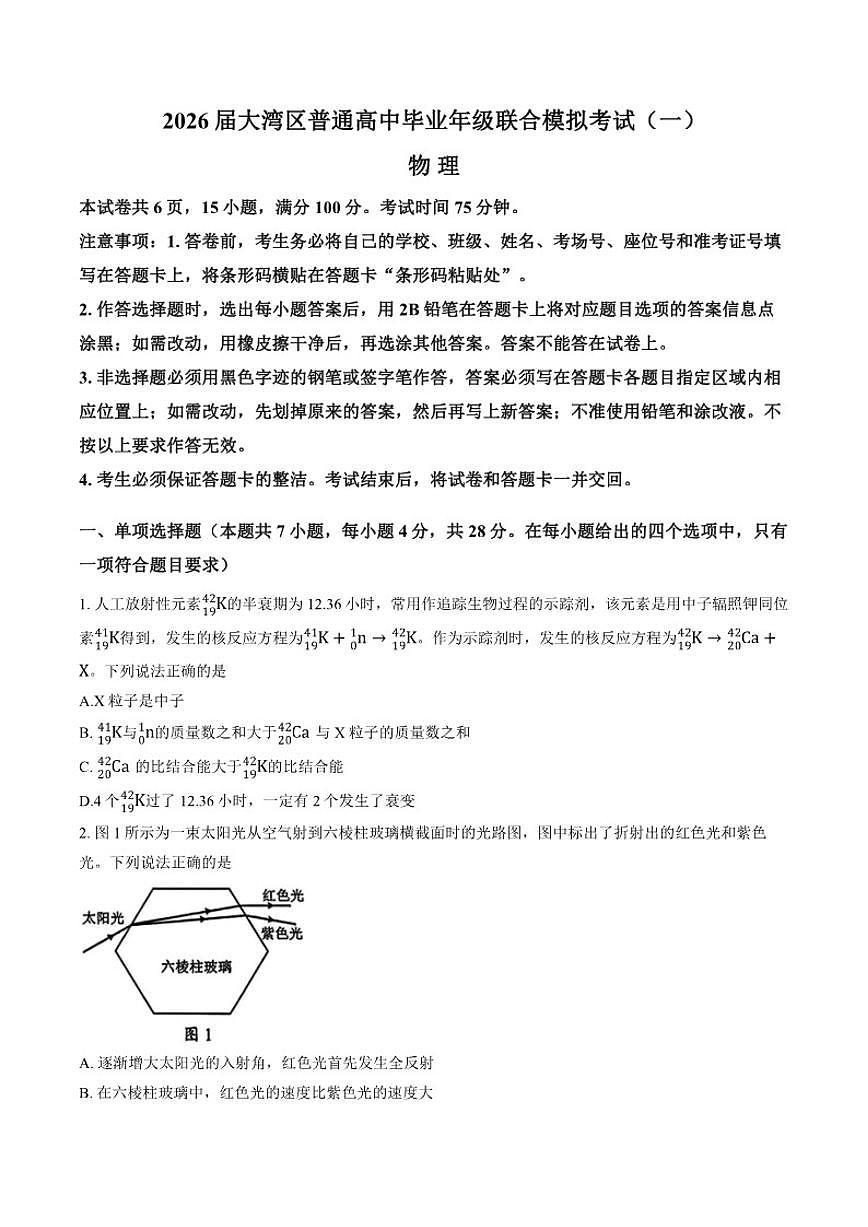 2025-2026学年广东省大湾区上学期高三高考一模物理试卷（含答案）第1页