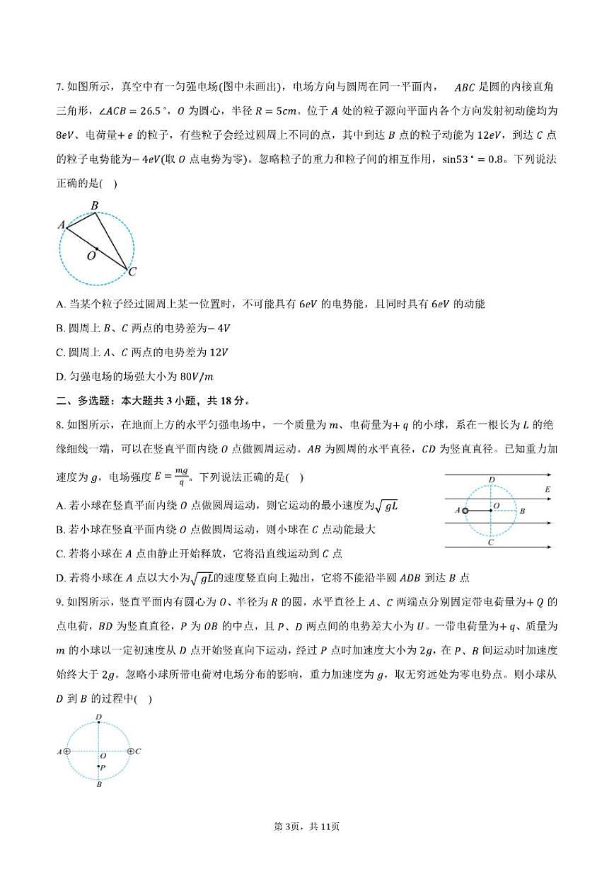 湖北省武汉外国语学校2025-2026学年高二上学期期中物理试卷（含答案）第3页