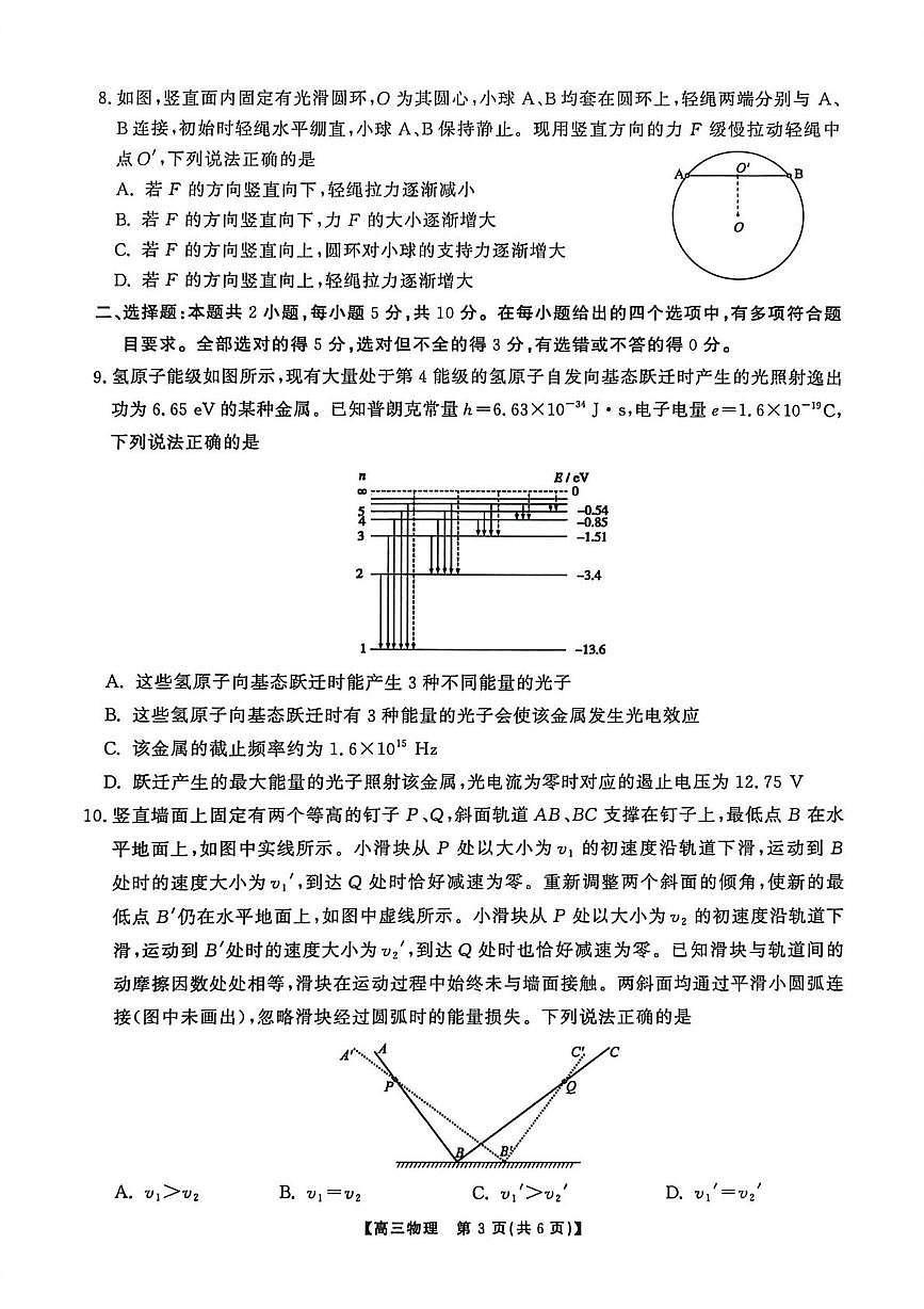 2026届安徽省安庆、铜陵、池州市上学期高三一模 物理试题+答案解析第3页