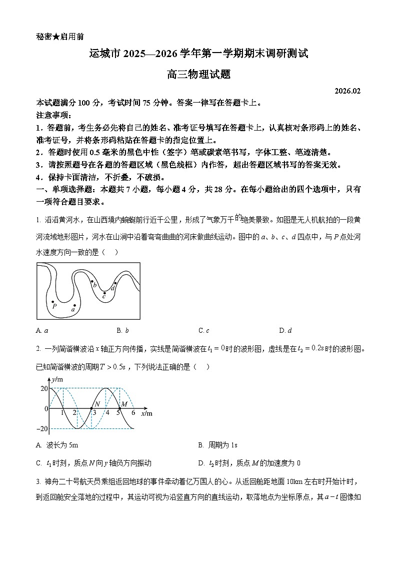 山西运城市2025-2026学年第一学期期末调研测试高三物理试题（试卷+解析）第1页
