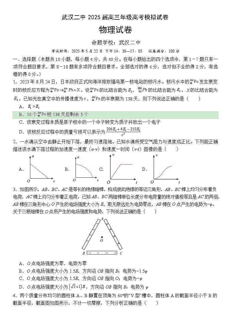 武汉二中2025届高三年级物理模拟卷第1页