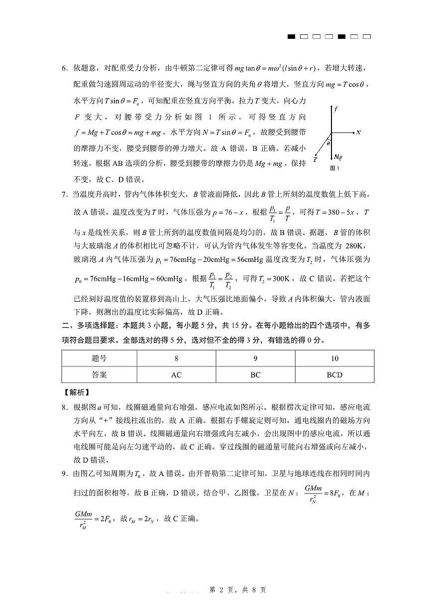 重庆市第八中学2025届高三5月适应性月考卷（八）物理答案第2页