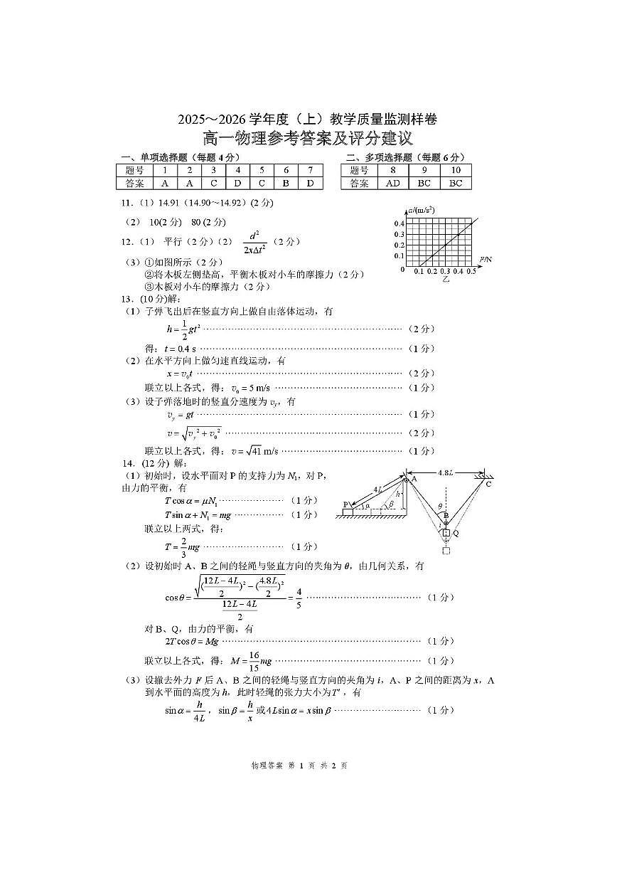 攀枝花市2025-2026学年度高一（上）教学质量监测样卷物理答案第1页