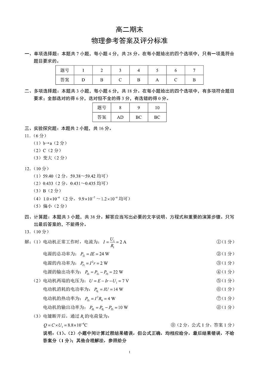 四川省蓉城名校联盟2027届高二上学期期末考试物理答案第1页