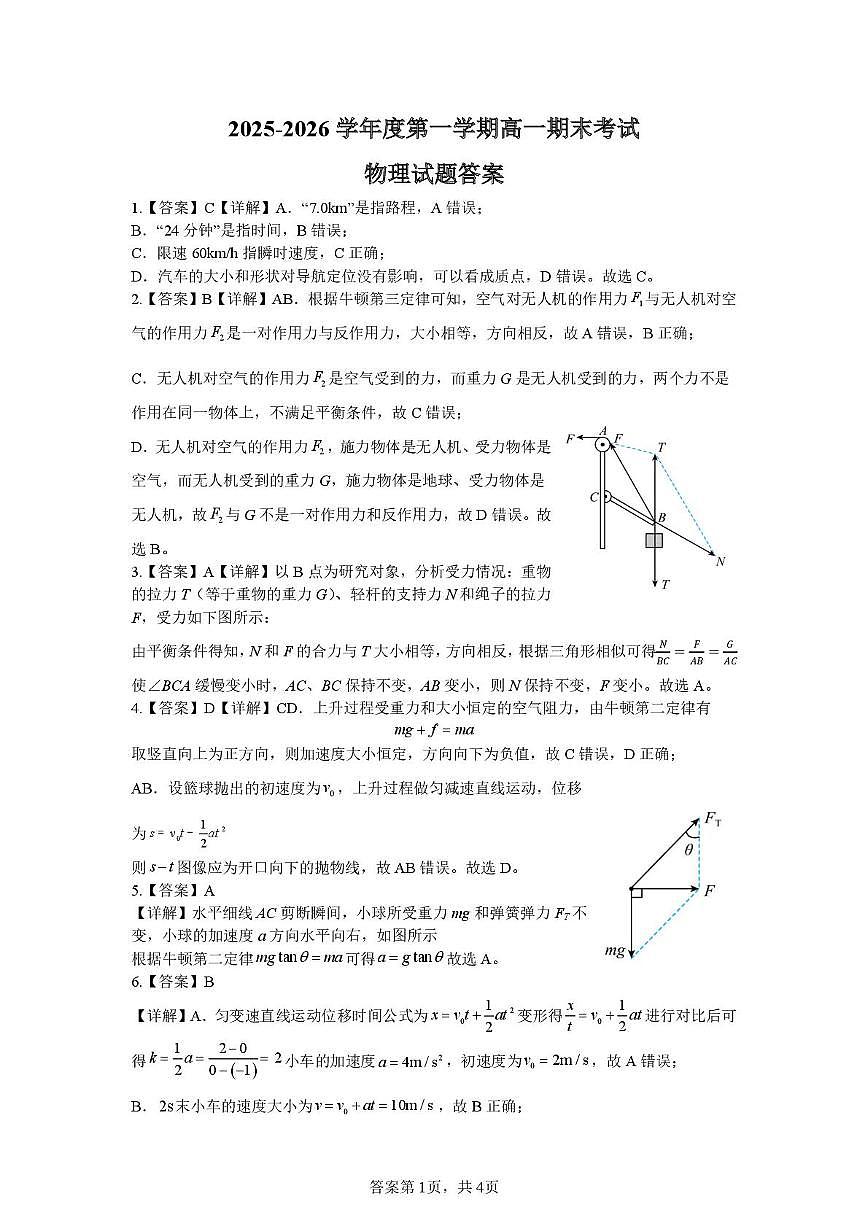 2026年深圳市15校联考高一上学期期末物理答案第1页