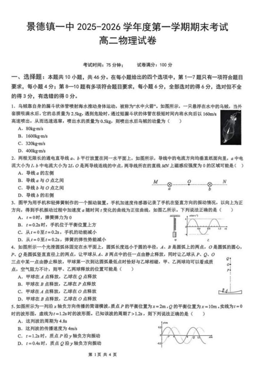 2025-2026学年江西省景德镇一中高二上学期期末考试物理试卷（含解析）第1页
