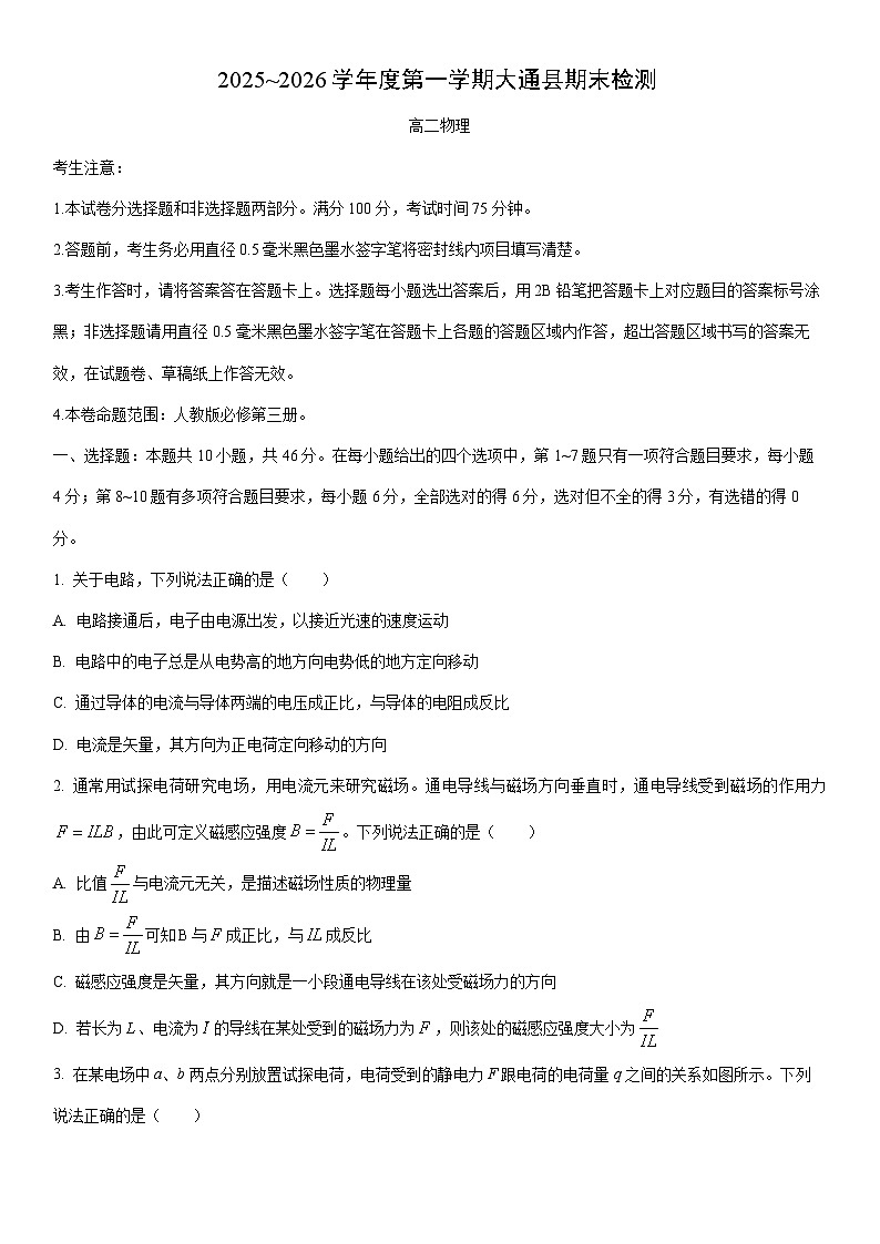 2025-2026学年青海省西宁市大通县高二上学期期末检测物理试卷（学生版）第1页