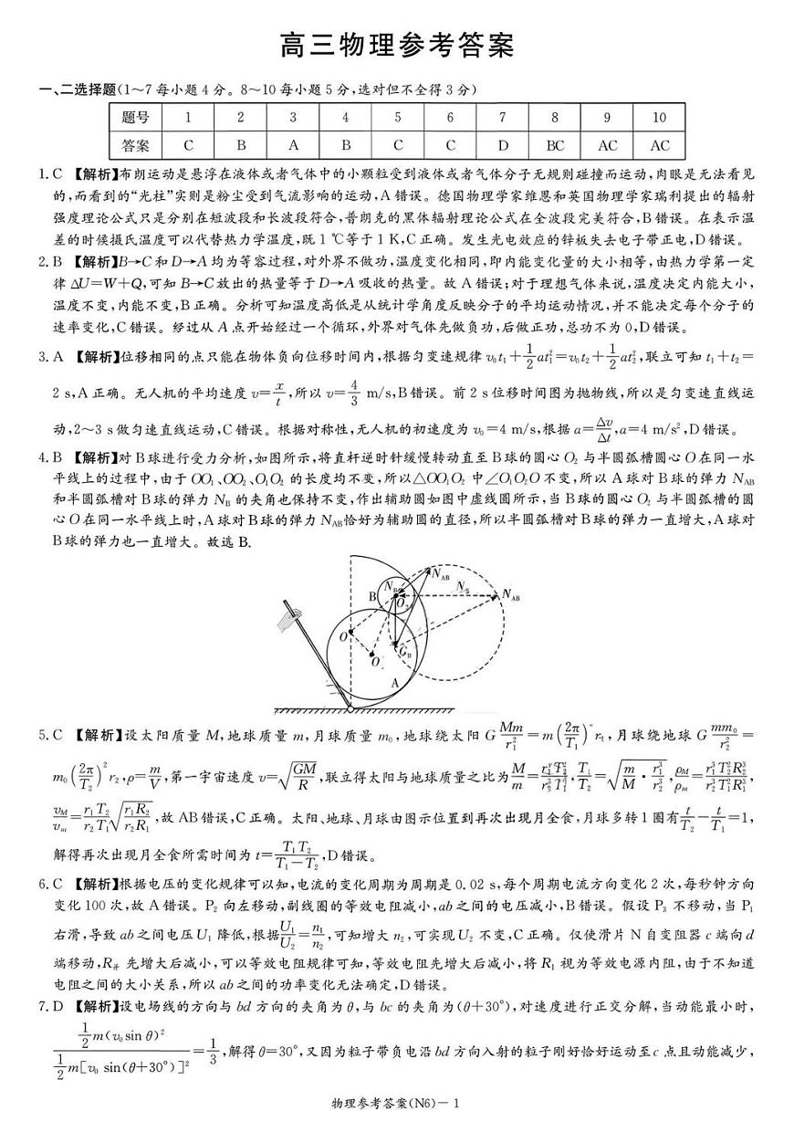 长郡中学2026届高三月考试卷（六）物理答案第1页