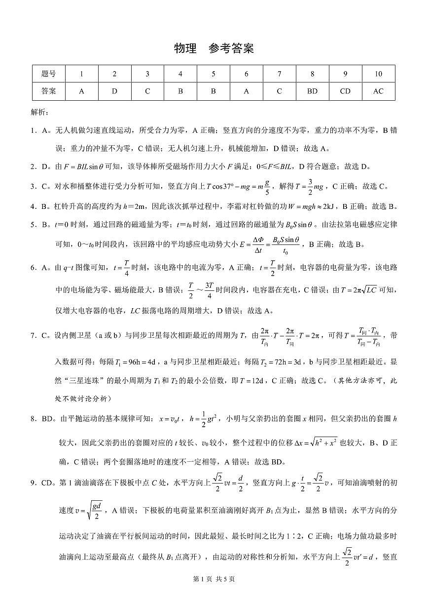 重庆市2026年普通高等学校招生全国统一考试物理答案第1页