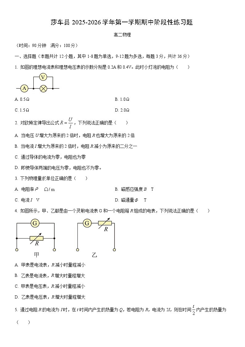 2025-2026学年新疆维吾尔自治区喀什地区莎车县高二上学期11月期中物理试卷（学生版）第1页
