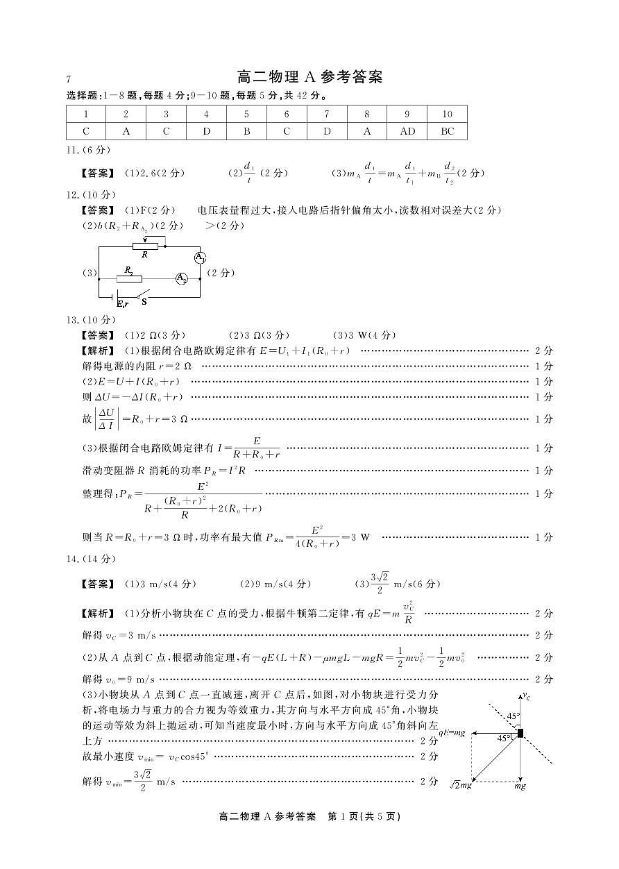 高二期末物理A卷答案第1页