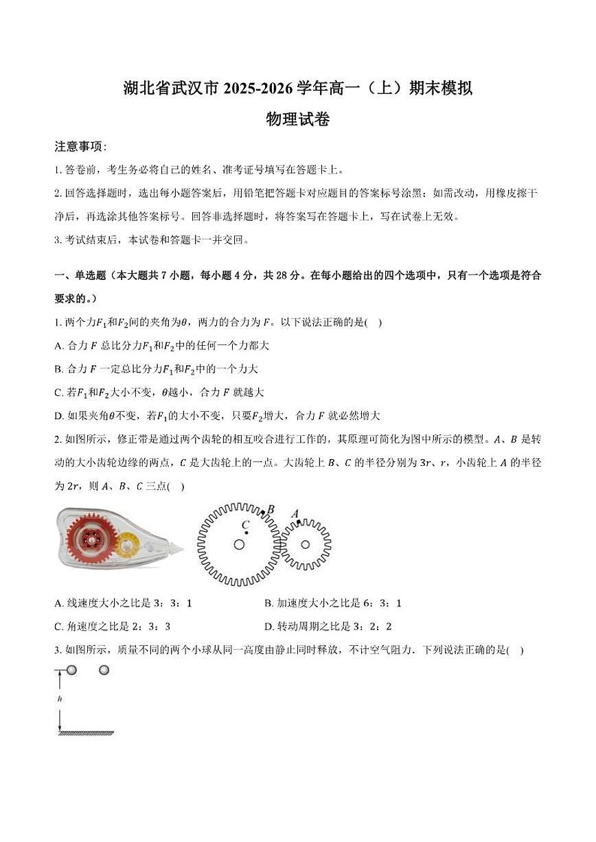 2025-2026学年湖北省武汉市高一（上）期末模拟物理（含答案）试卷第1页