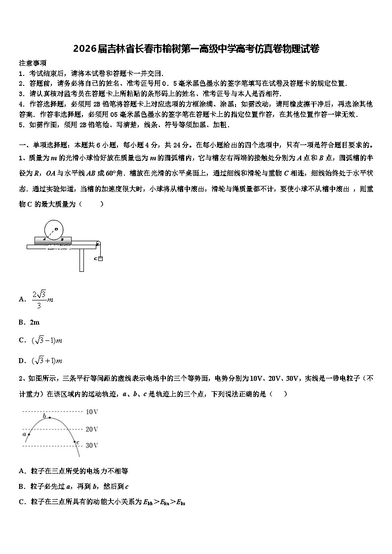 2026届吉林省长春市榆树第一高级中学高考仿真卷物理试卷含解析第1页