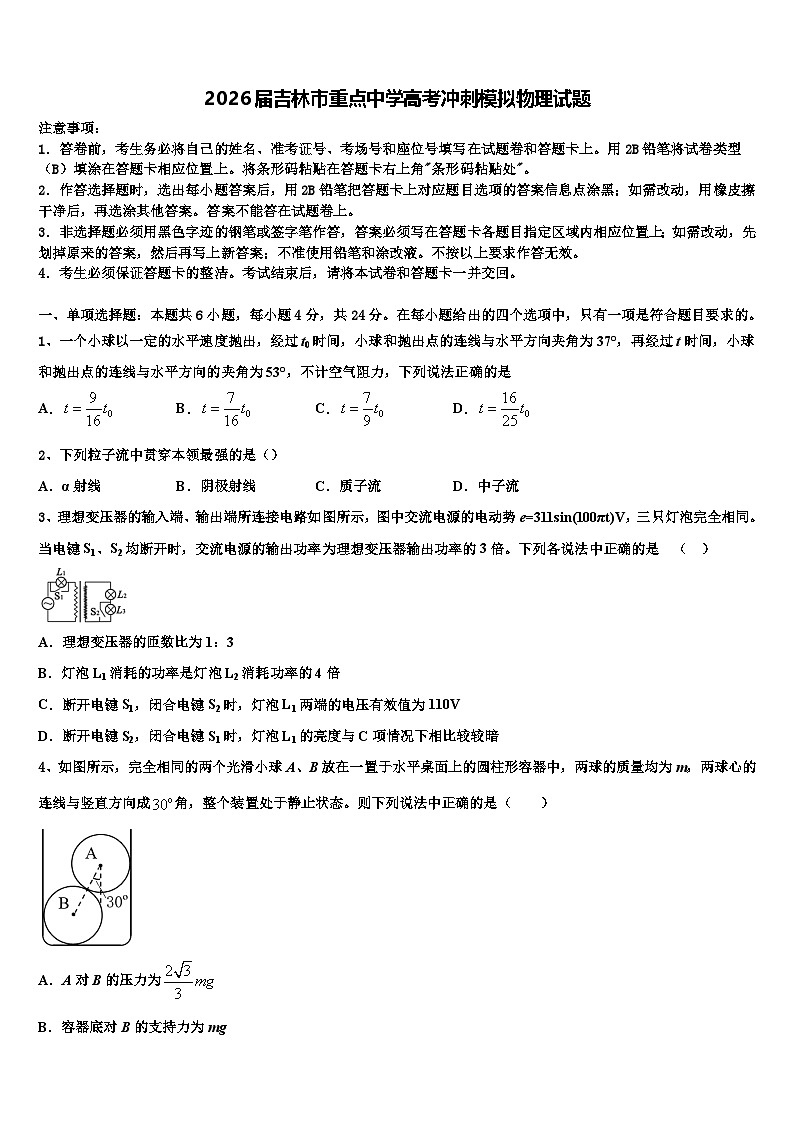 2026届吉林市重点中学高考冲刺模拟物理试题含解析第1页