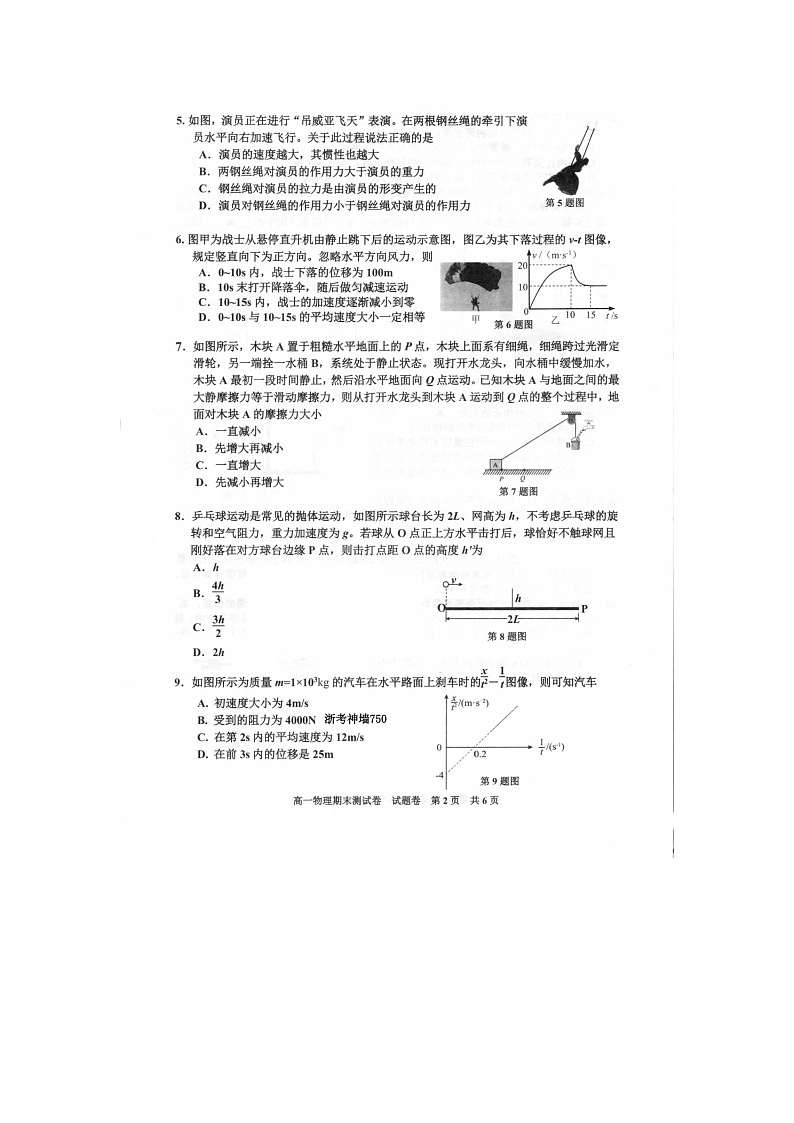 嘉兴市2025~2026学年高一上学期期末测试物理卷含答案第2页