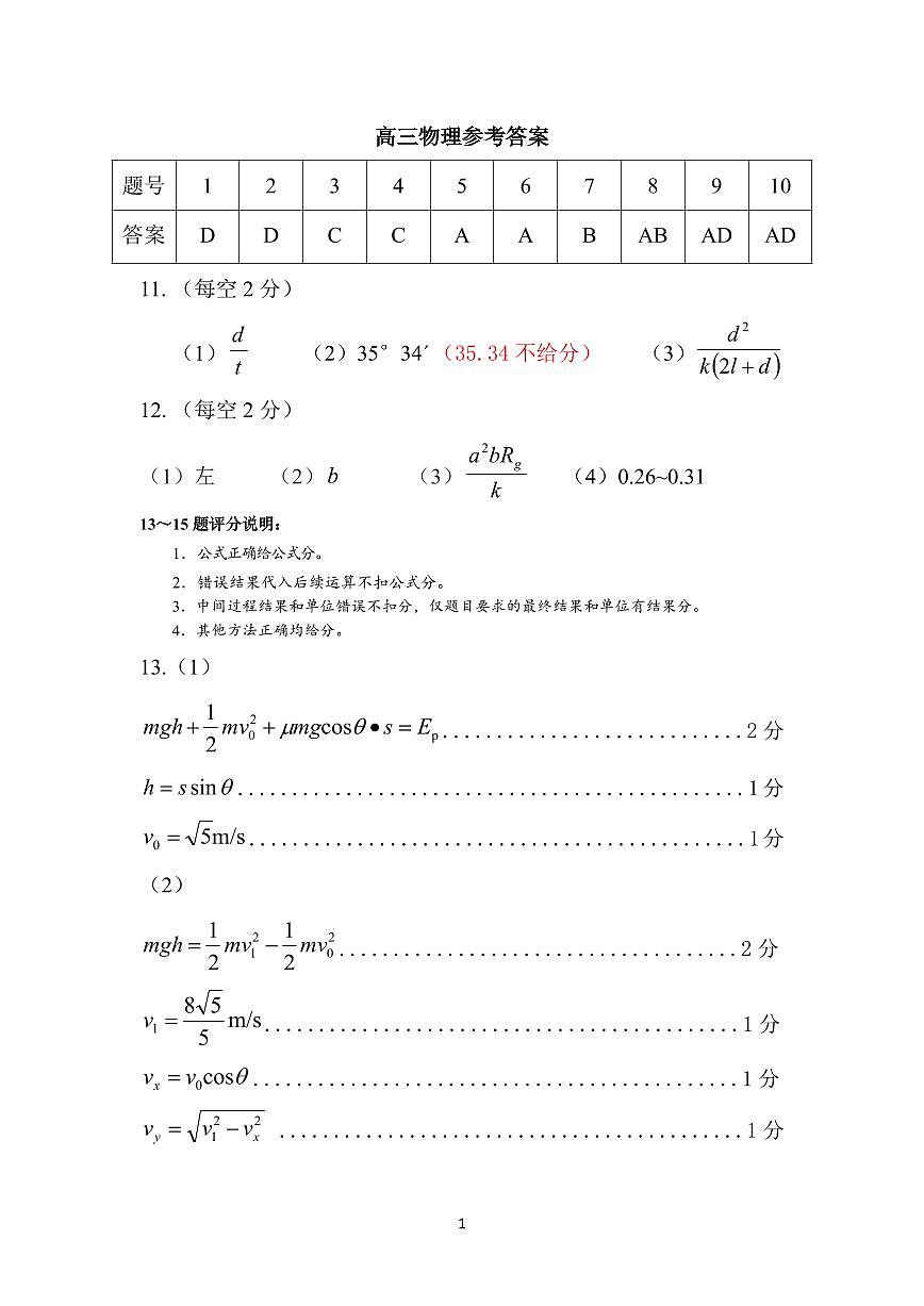 2025—2026学年度第一学期高三年级期末教学质量检测物理答案第1页