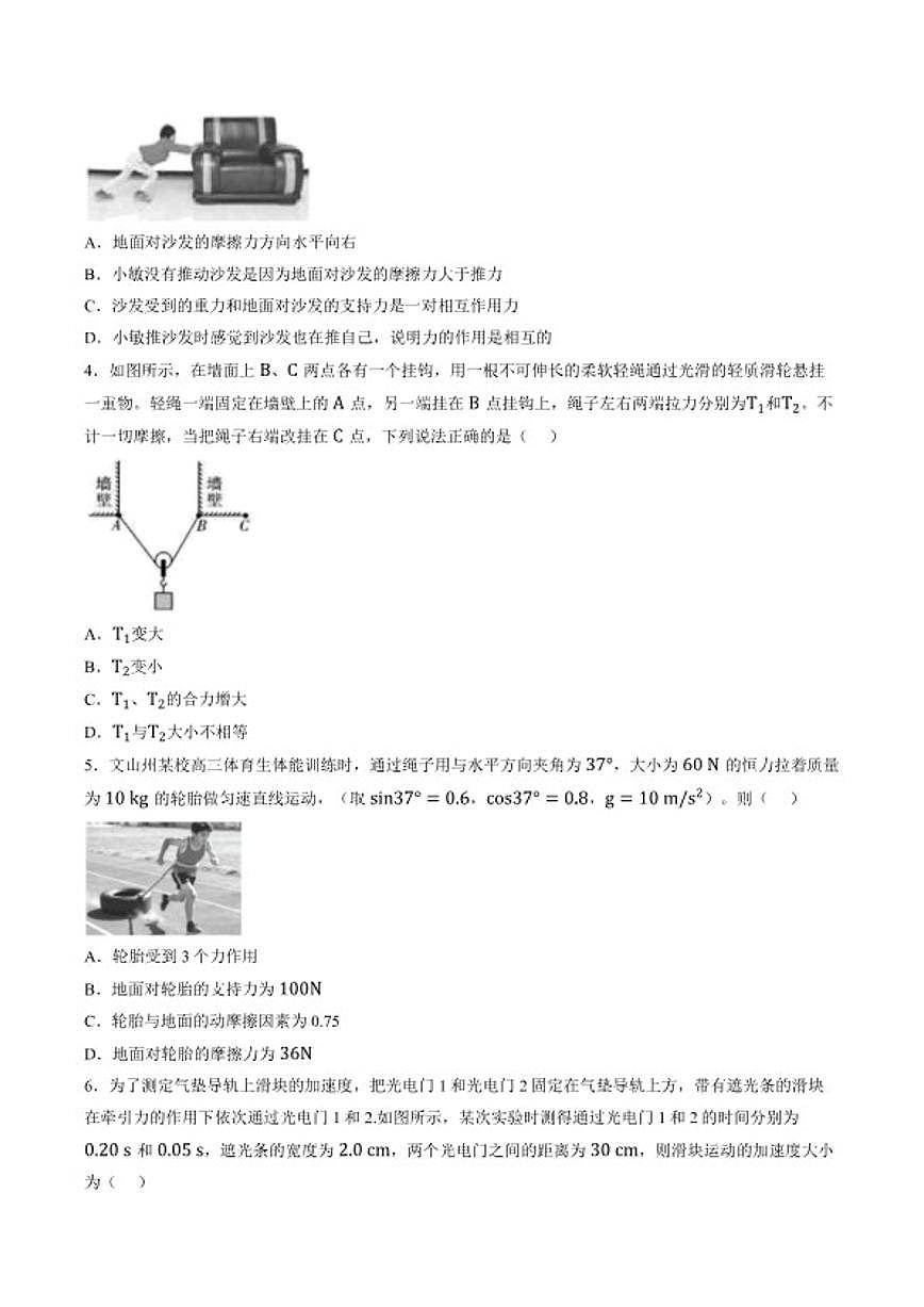 2025-2026学年云南省文山壮族苗族自治州高一上学期1月期末物理试题（含答案）第2页