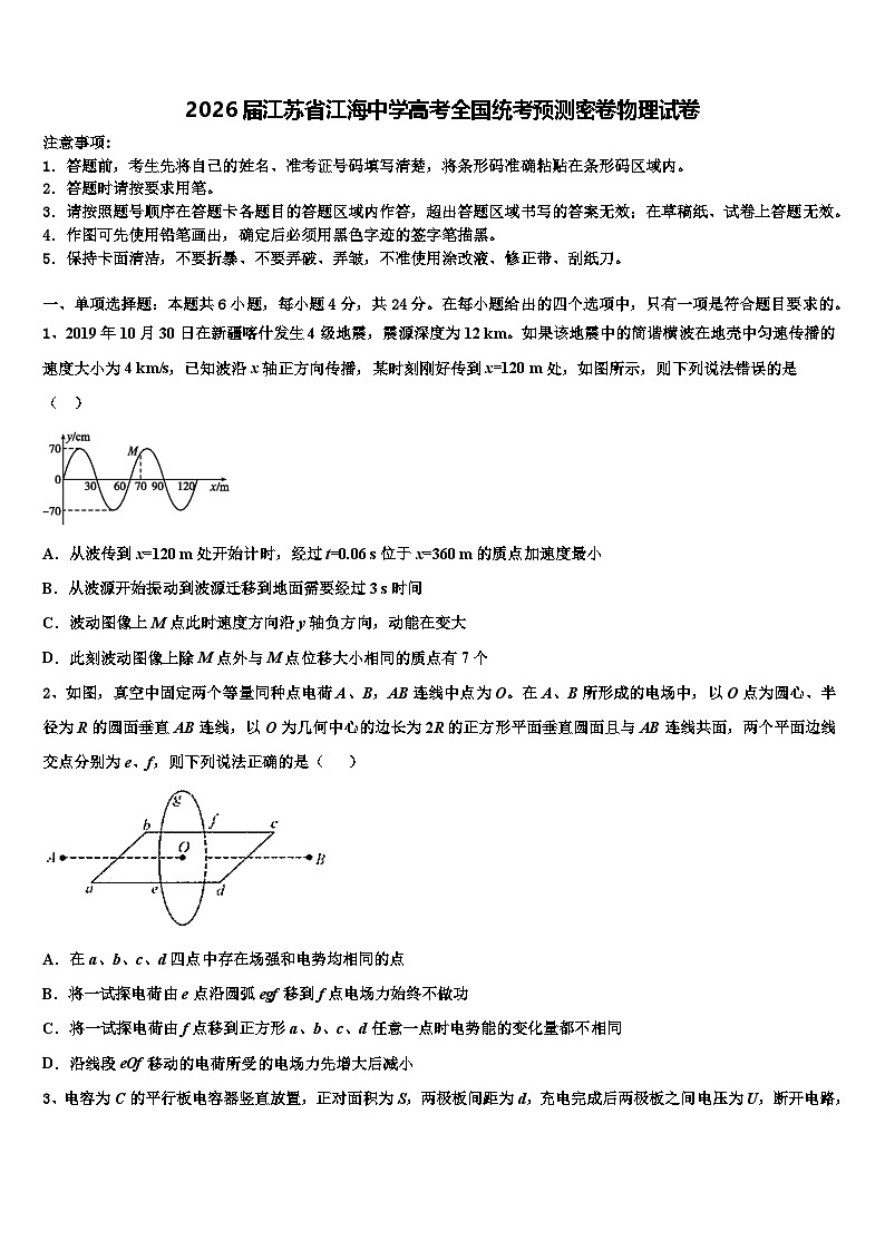 2026届江苏省江海中学高考全国统考预测密卷物理试卷含解析第1页