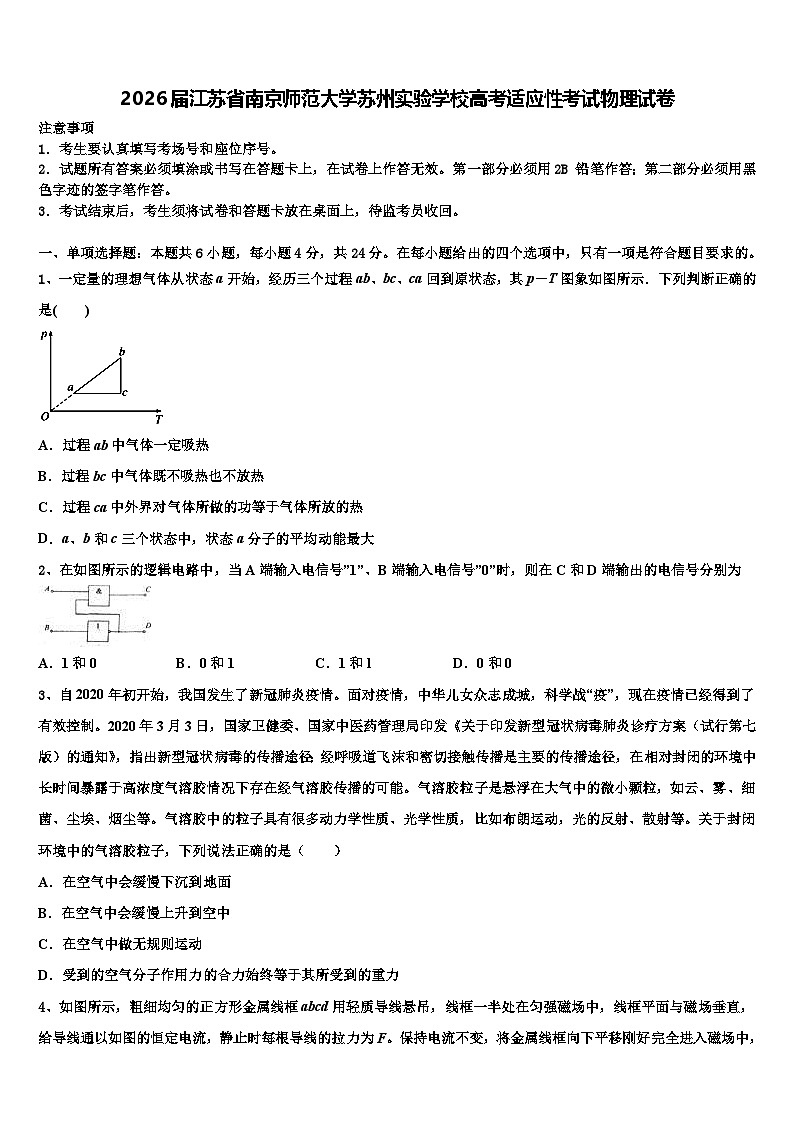 2026届江苏省南京师范大学苏州实验学校高考适应性考试物理试卷含解析第1页