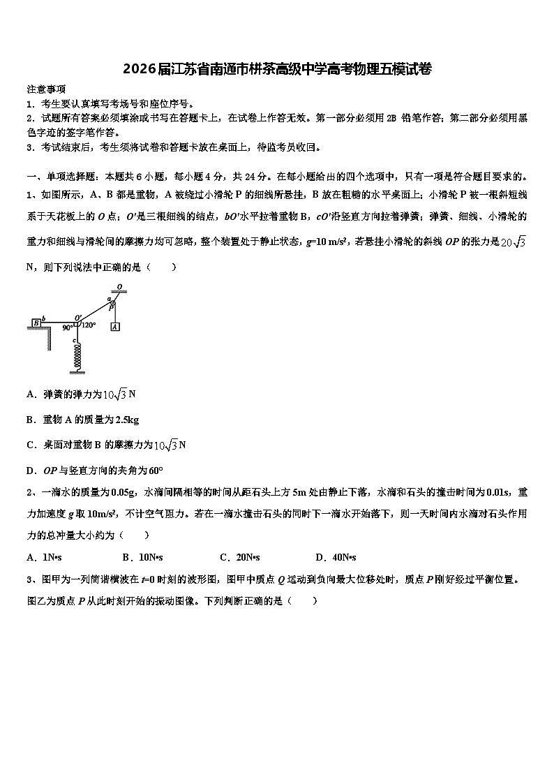 2026届江苏省南通市栟茶高级中学高考物理五模试卷含解析第1页