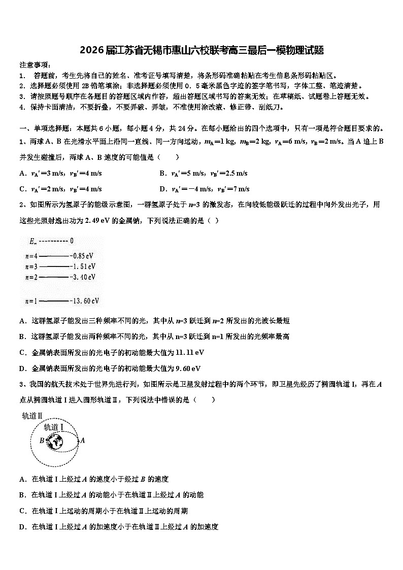 2026届江苏省无锡市惠山六校联考高三最后一模物理试题含解析第1页