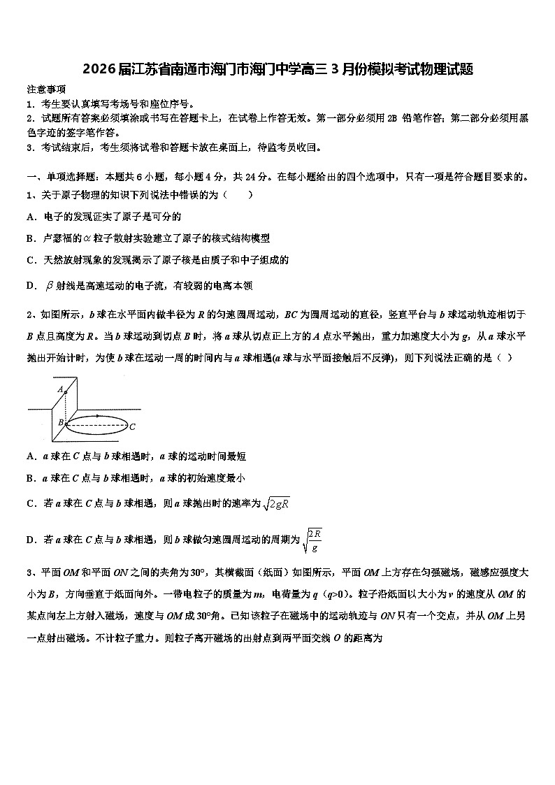 2026届江苏省南通市海门市海门中学高三3月份模拟考试物理试题含解析第1页