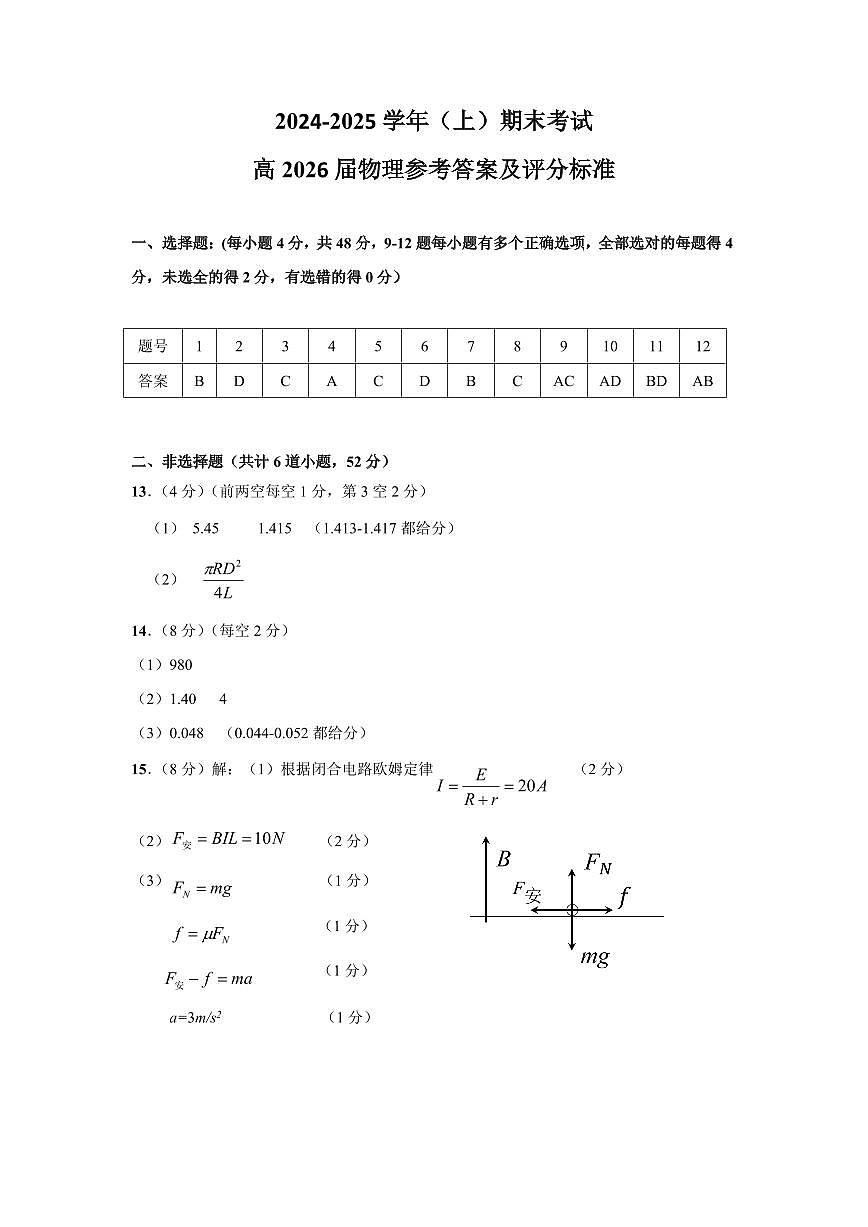 高二物理参考答案及评分标准第1页