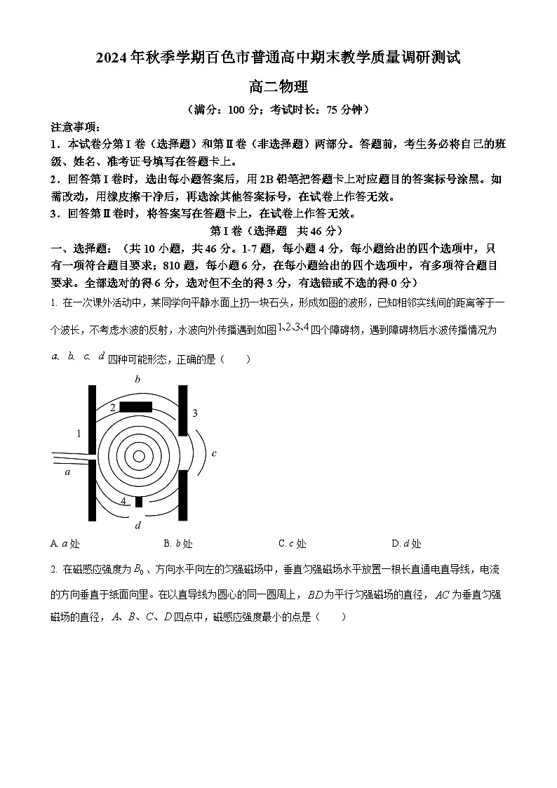 广西壮族自治区百色市2024-2025学年高二上学期1月期末物理试题 Word版无答案第1页
