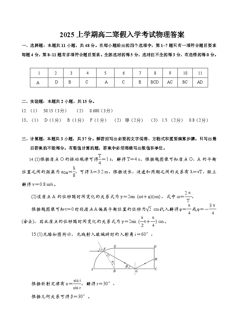 湖南省邵阳县二中2025年上学期物理入学考试试卷答案第1页