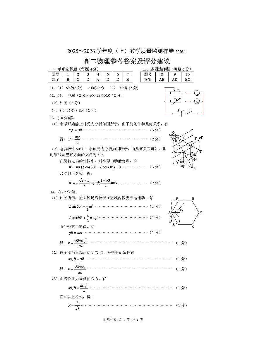 攀枝花市2025-2026学年度高二（上）教学质量监测样卷物理答案第1页